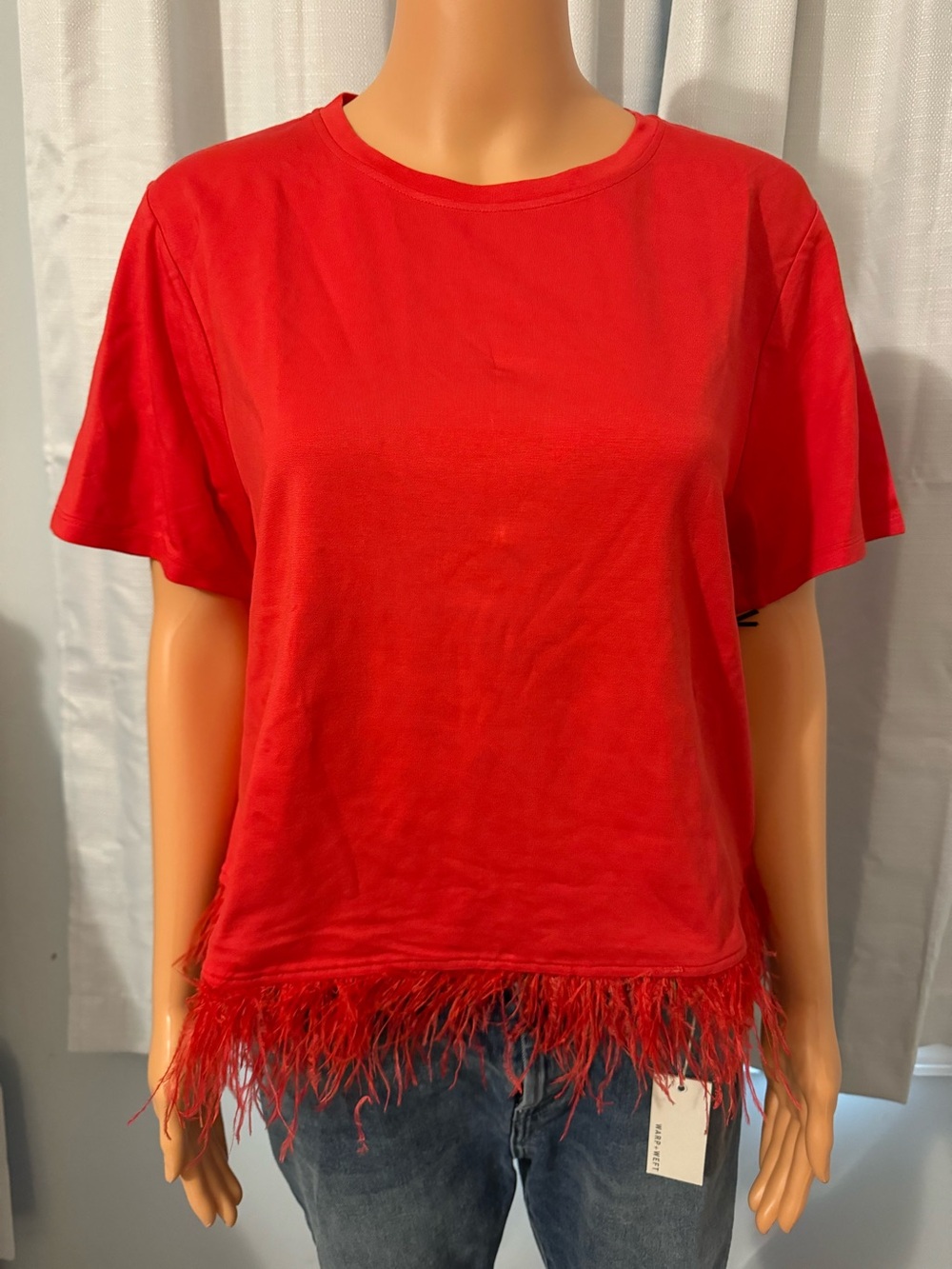 Cool For Cynthia size L red short sleeve feather hem shirt new